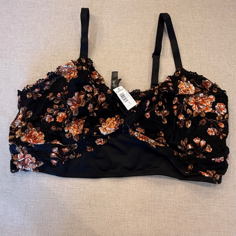 Torrid Curve Romantic Floral Longline Lace Bralette Black Orange Size 2 NWT